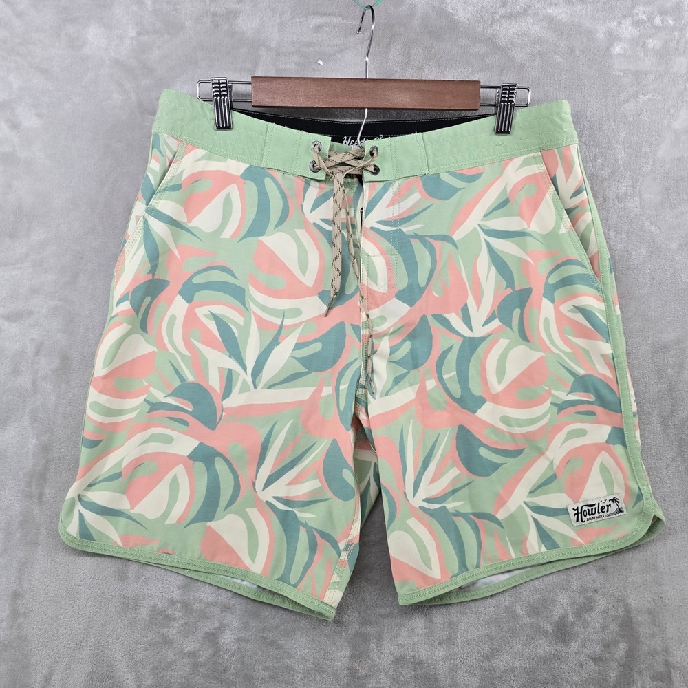Howler Brothers Mens 33 Bruja Board Shorts Green Tropical Leaf Swim Trunks